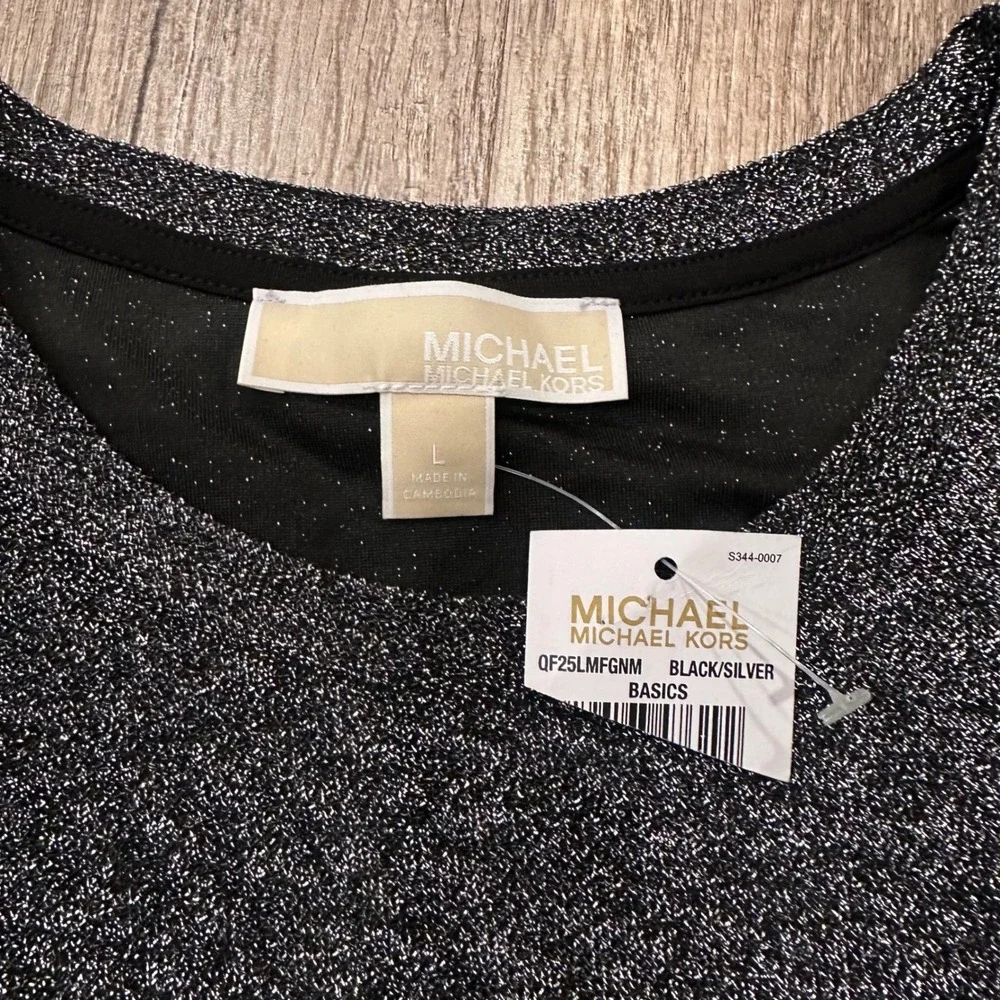 NWT Michael Kors Black Silver Sparkle Cold Shoulder LS‎ Top Blouse SizE L